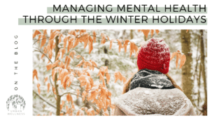 A graphic that reads "Managing Mental Health Through the Winter Holidays" above a stock photo of a woman, shot from behind, in a winter coat and hat, snow dusting her clothes and the leaves on trees around her.