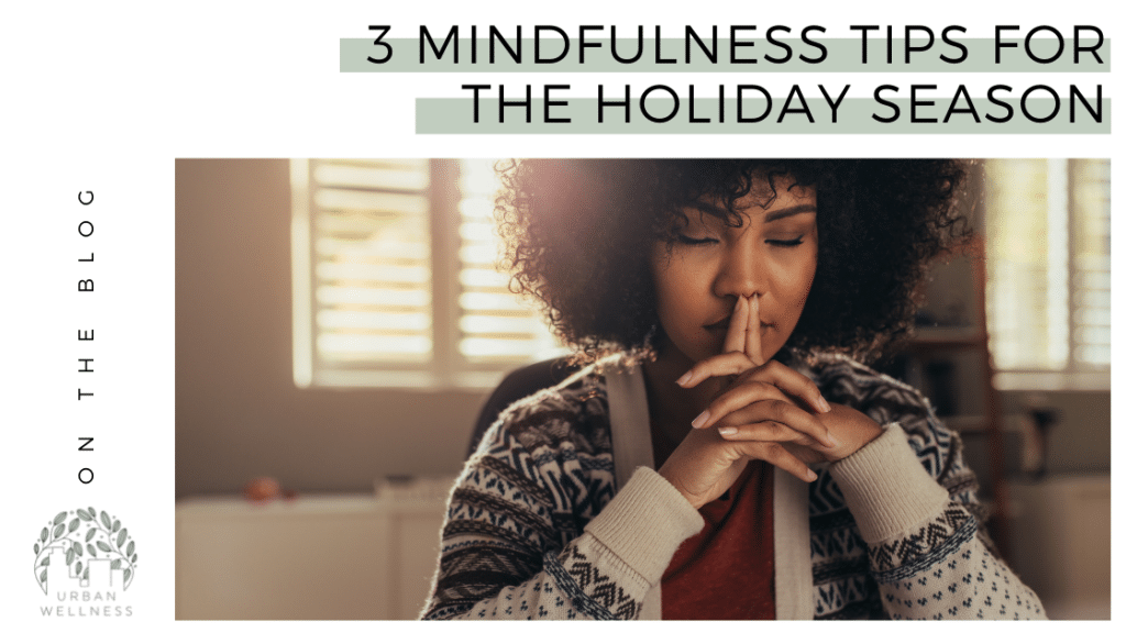 A graphic that reads "On the blog: 3 Mindfulness Tips for the Holiday Season" Above a stock photo of a Black woman in a cozy sweater, seated with her chin resting on her hands.